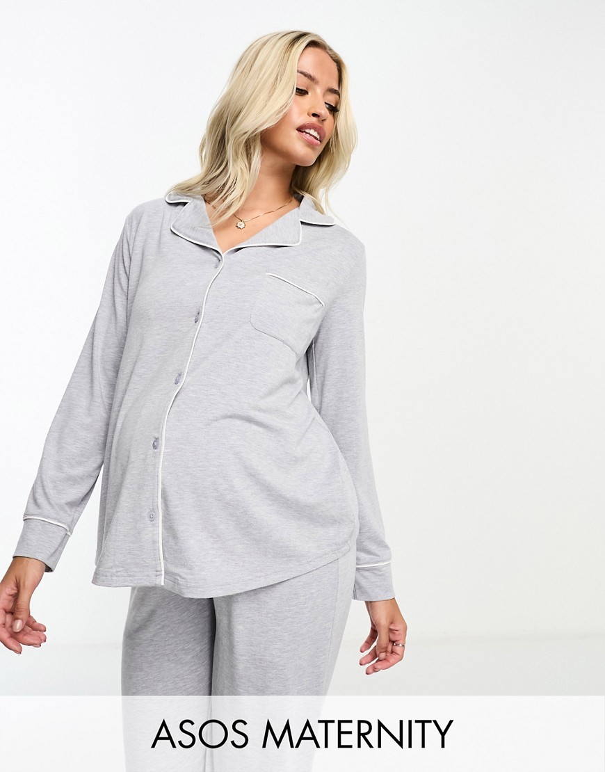 ASOS Maternity ASOS DESIGN Maternity soft jersey long sleeve shirt & pants pajama set with contrast piping in gray heather