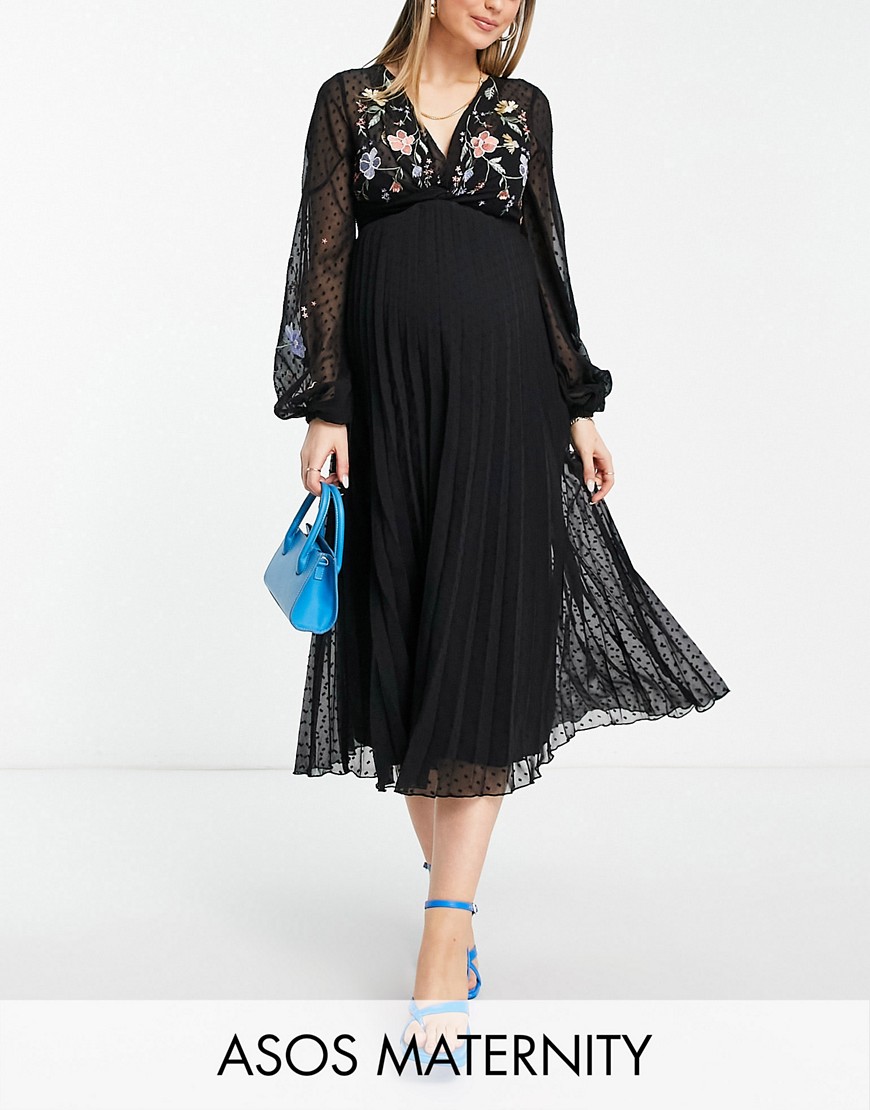 ASOS Maternity ASOS DESIGN Maternity textured twist front pleated midi dress with all over embroidery in black