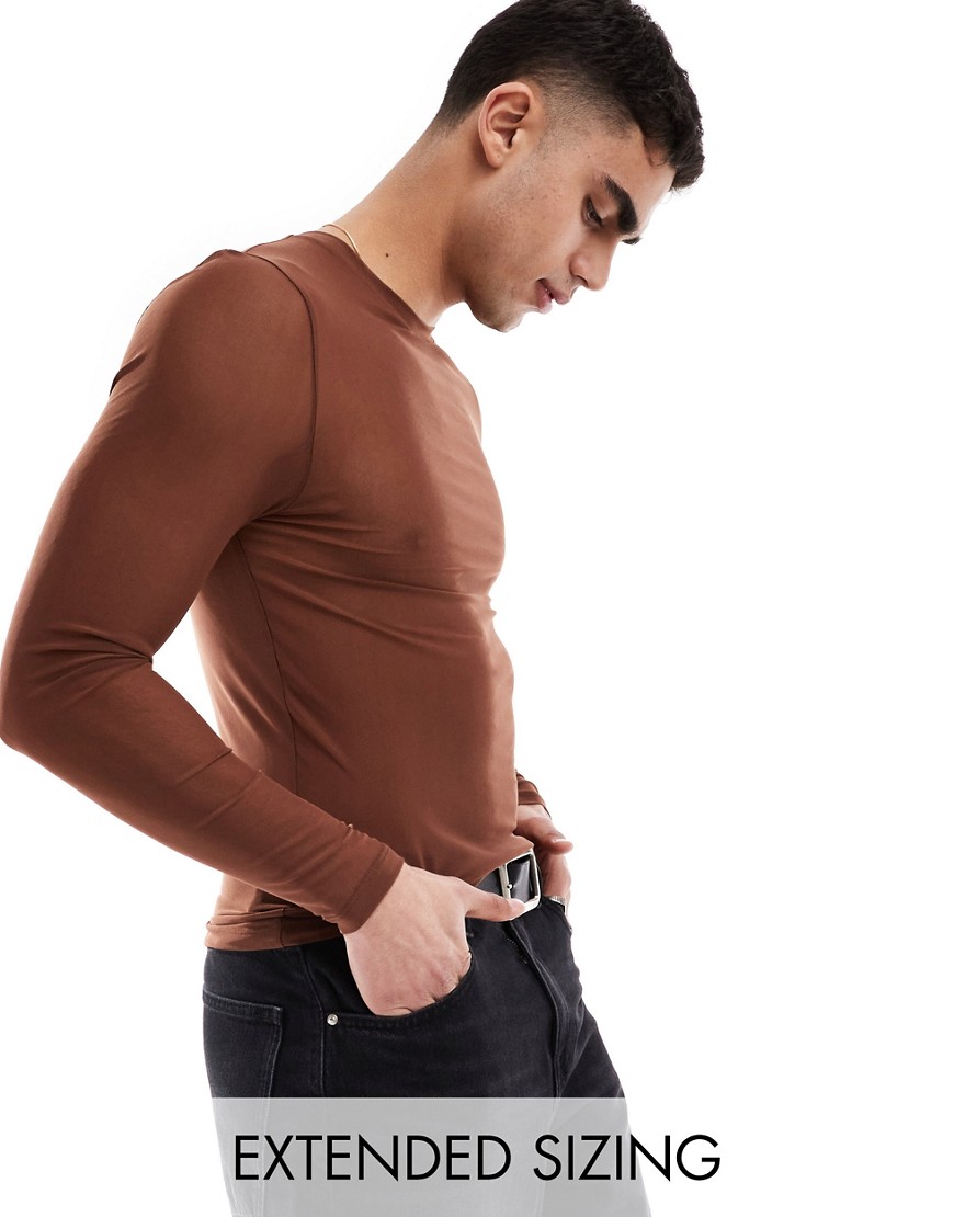 ASOS DESIGN muscle fit long sleeve t-shirt in brown mesh