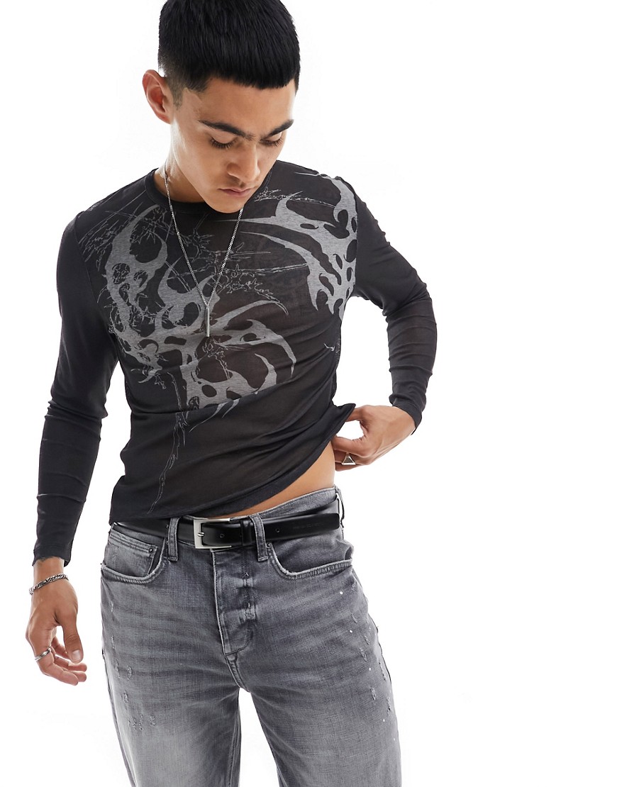ASOS DESIGN muscle fit long sleeve t-shirt in mesh with tattoo print