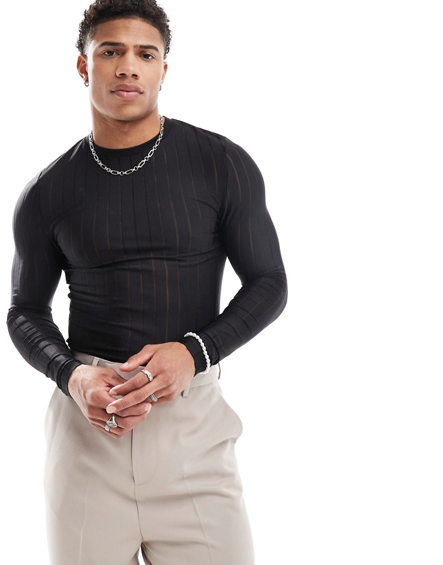 ASOS DESIGN muscle fit long sleeve T-shirt in striped mesh