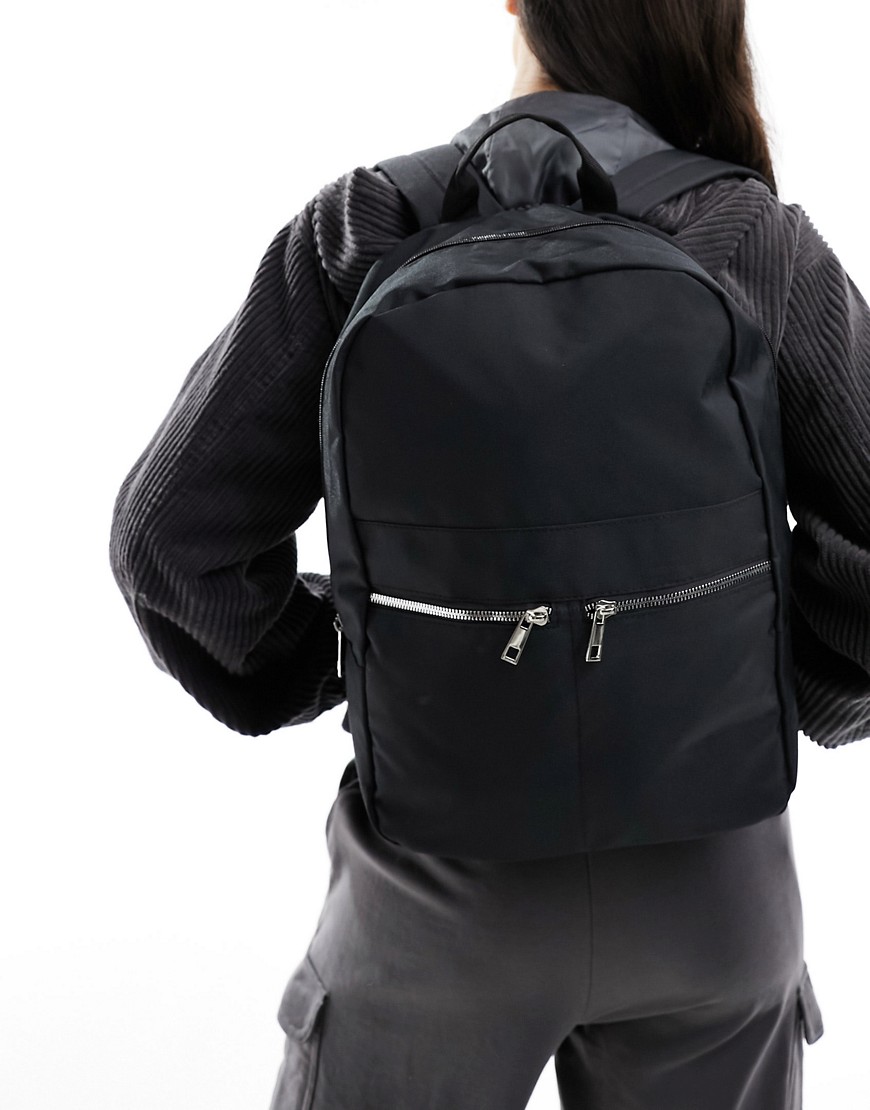 ASOS DESIGN nylon double zip backpack bag in black
