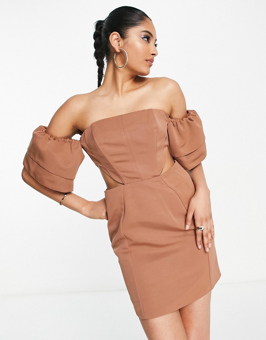 ASOS DESIGN off shoulder mini dress with sleeve detail and cut out waist in stone
