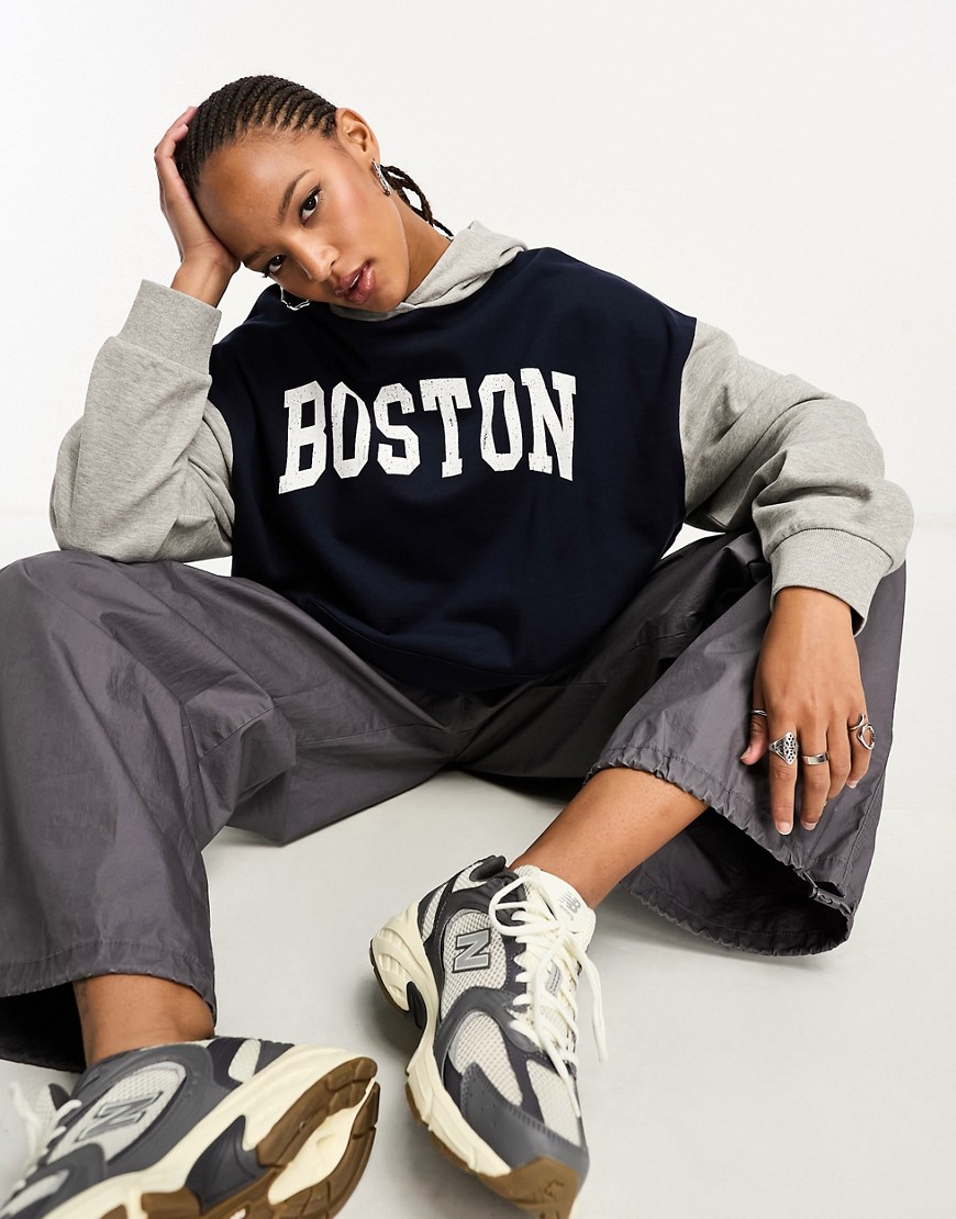 ASOS DESIGN oversized color block hoodie with Boston graphic in gray heather and navy