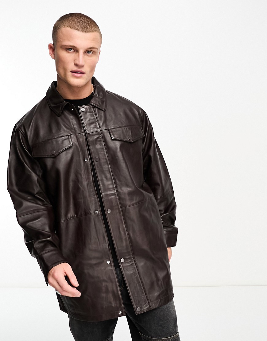 ASOS DESIGN oversized real leather shacket in dark brown