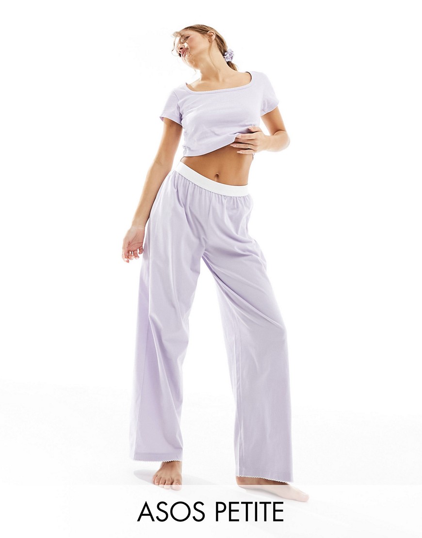 ASOS Petite ASOS DESIGN Petite cotton pajama pants with exposed waistband and picot trim in lilac