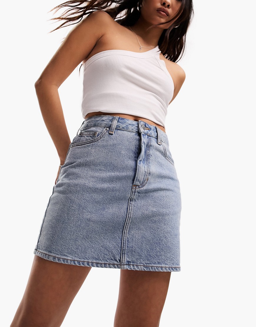 ASOS Petite ASOS DESIGN Petite denim high waist mini skirt in midwash blue