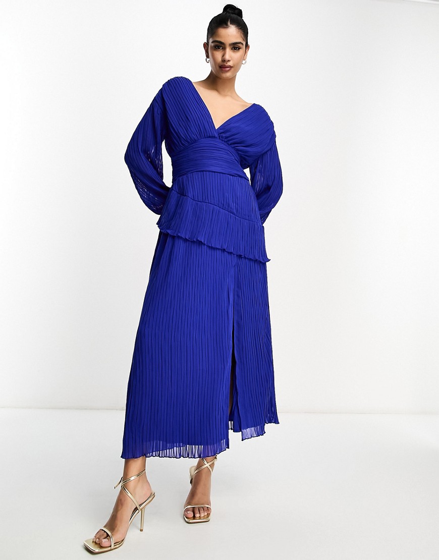 ASOS DESIGN pleated midi dress with a belt in cobalt blue