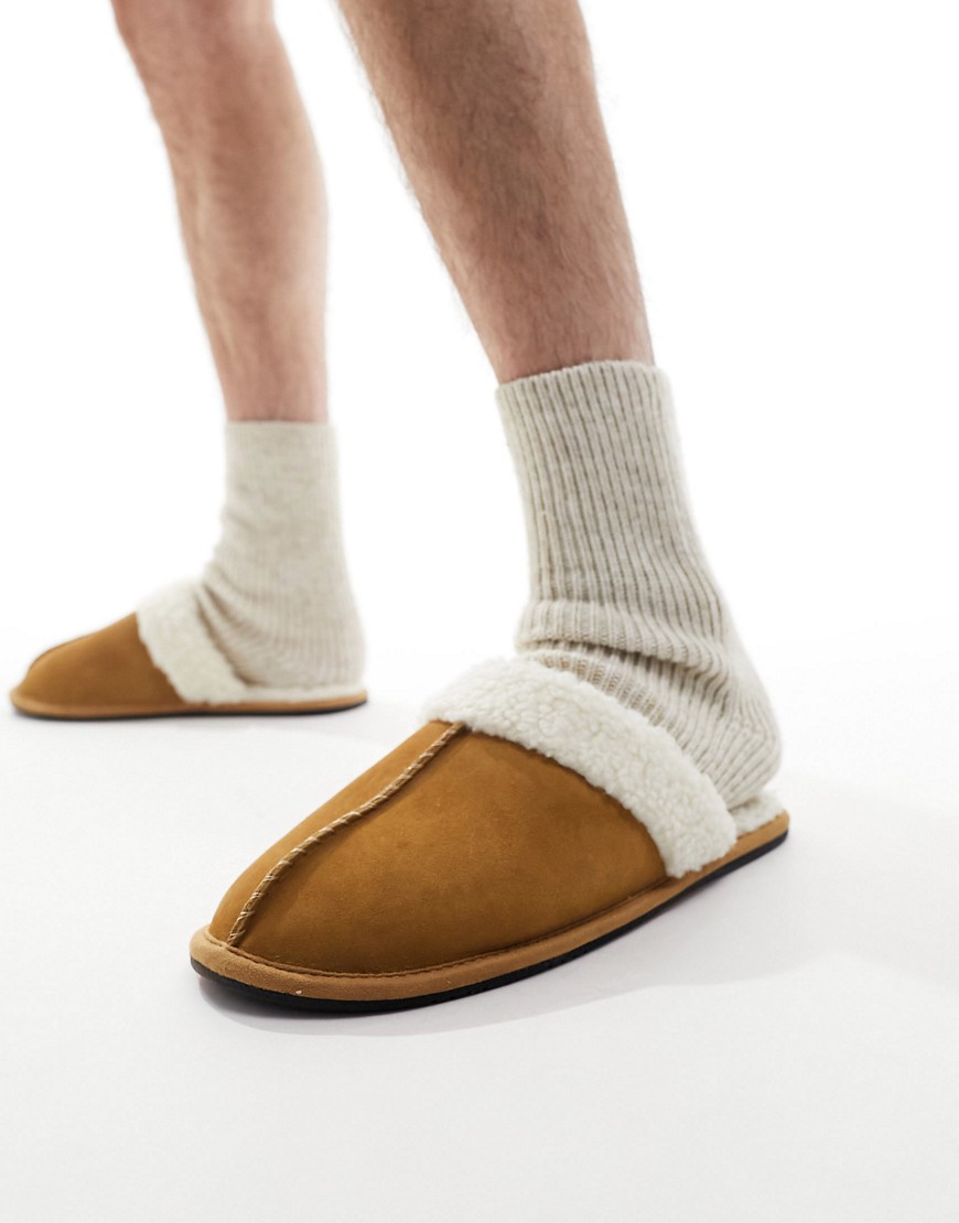 ASOS DESIGN premium sheepskin slippers in tan with teddy lining