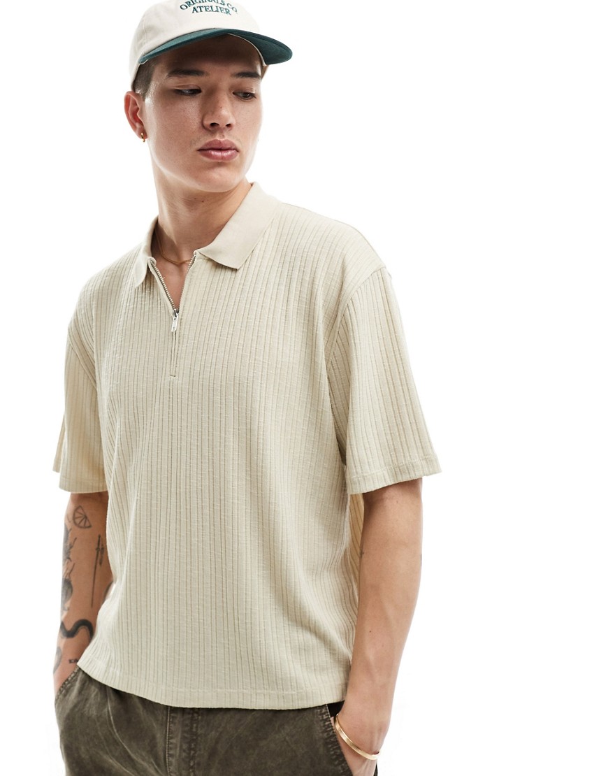 ASOS DESIGN relaxed fit ribbed polo with zip up collar in stone