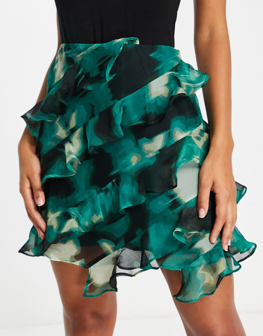 ASOS DESIGN ruffle chiffon mini skirt in green abstract print