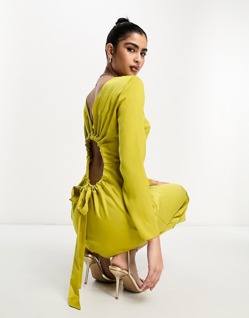 ASOS DESIGN satin long sleeve maxi dress with drawstring back in olive