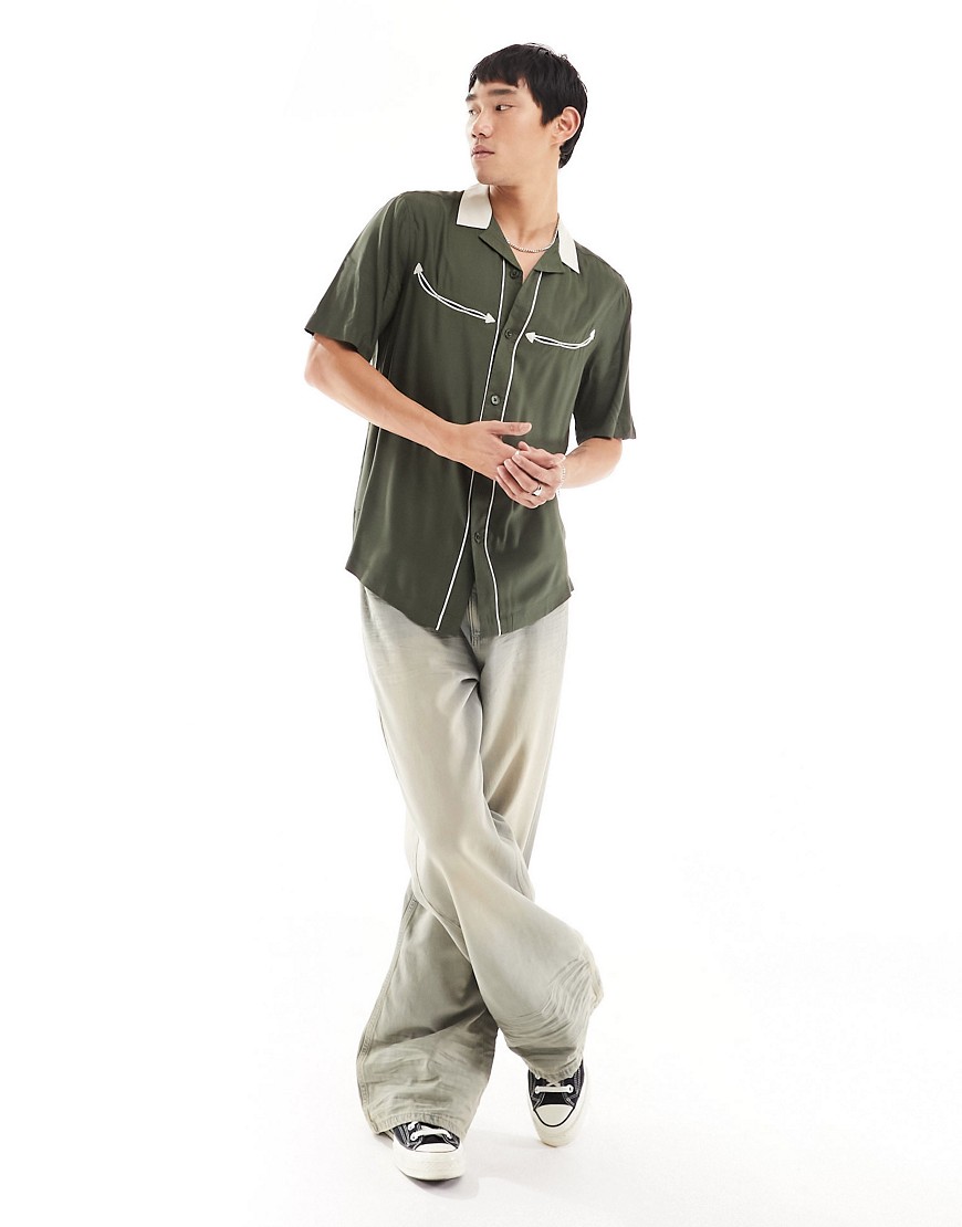 ASOS DESIGN short sleeve regular fit viscose camp collar shirt with western styling in dark green