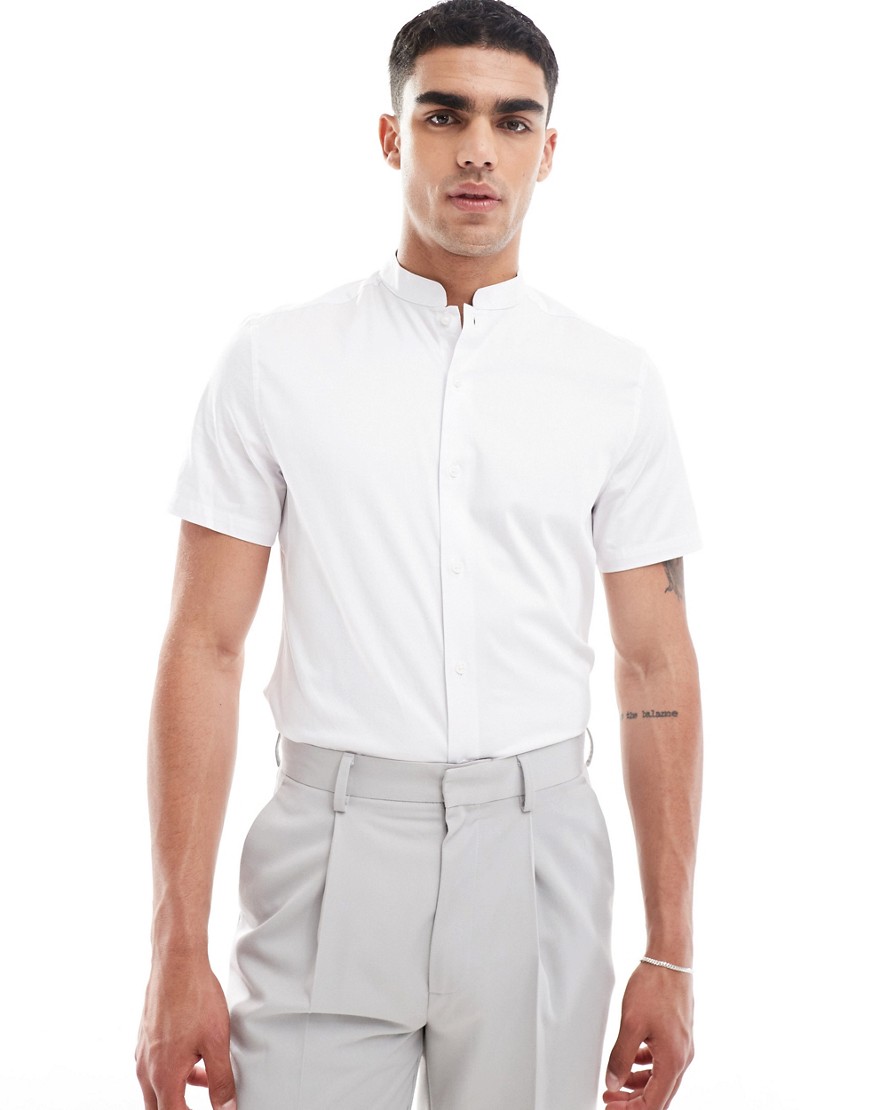 ASOS DESIGN slim sateen shirt with mandarin collar in white