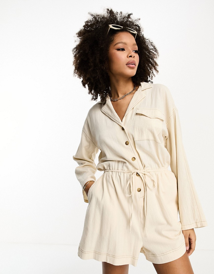 ASOS DESIGN slouchy linen look shirt romper with long sleeve in oatmeal