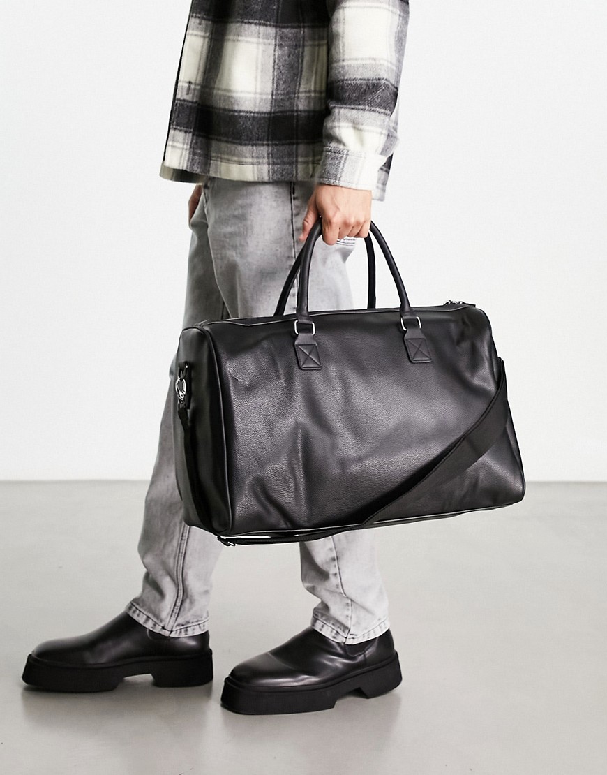 ASOS DESIGN smart faux leather weekend holdall bag in black