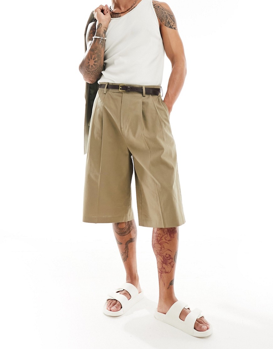 ASOS DESIGN smart longline linen blend wide leg shorts in khaki