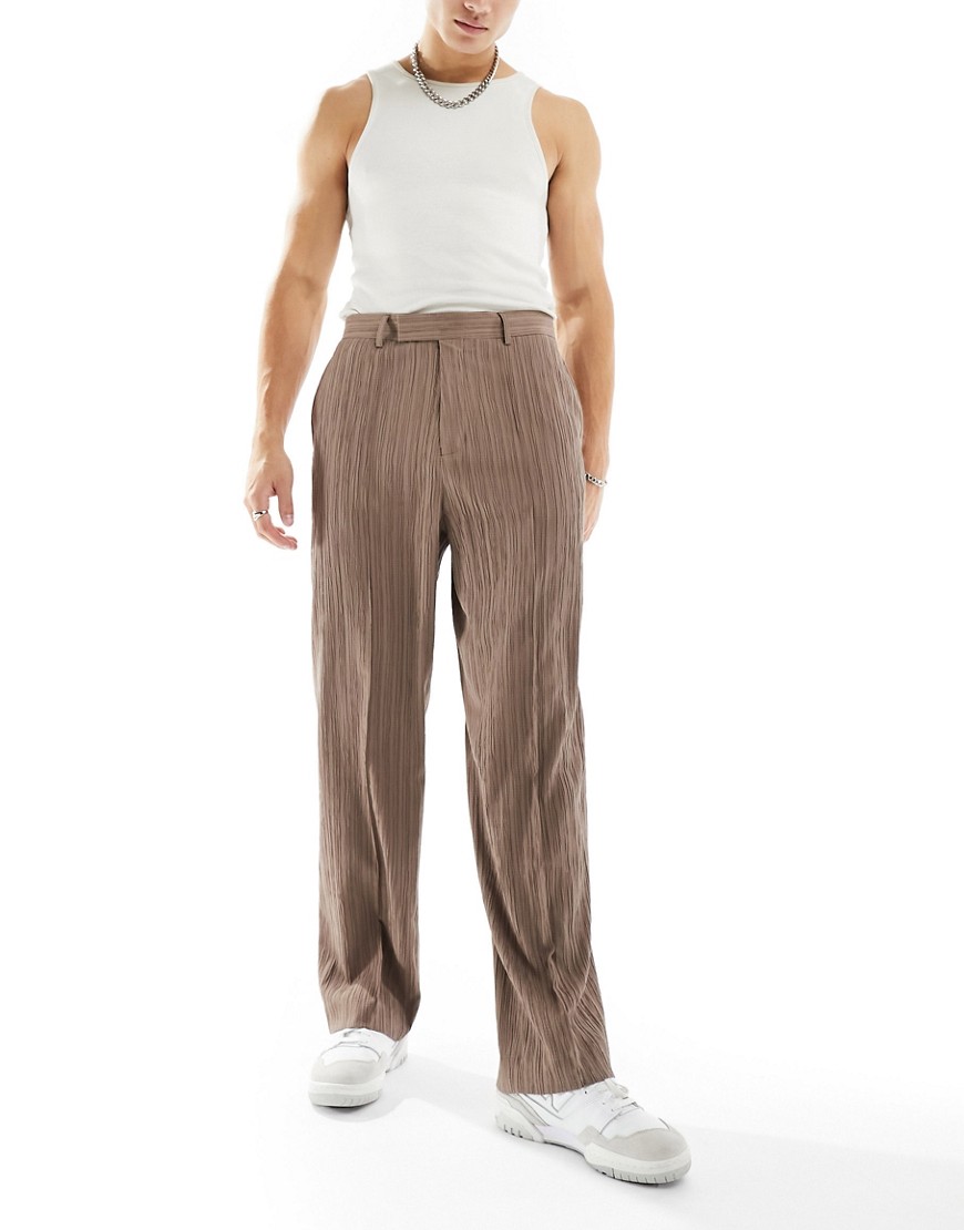 ASOS DESIGN smart wide fit pants in brown textured fabric