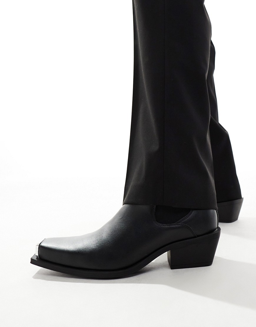 ASOS DESIGN stacked heel western chelsea boots in black faux leather with metal hardware