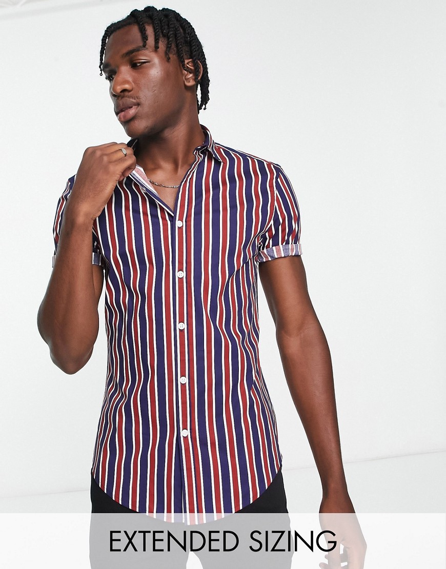 ASOS DESIGN stretch skinny shirt in navy and burgundy stripe