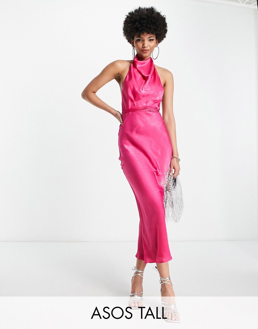 ASOS Tall ASOS DESIGN Tall cowl neck halter midi with tie wrap waist in bright pink