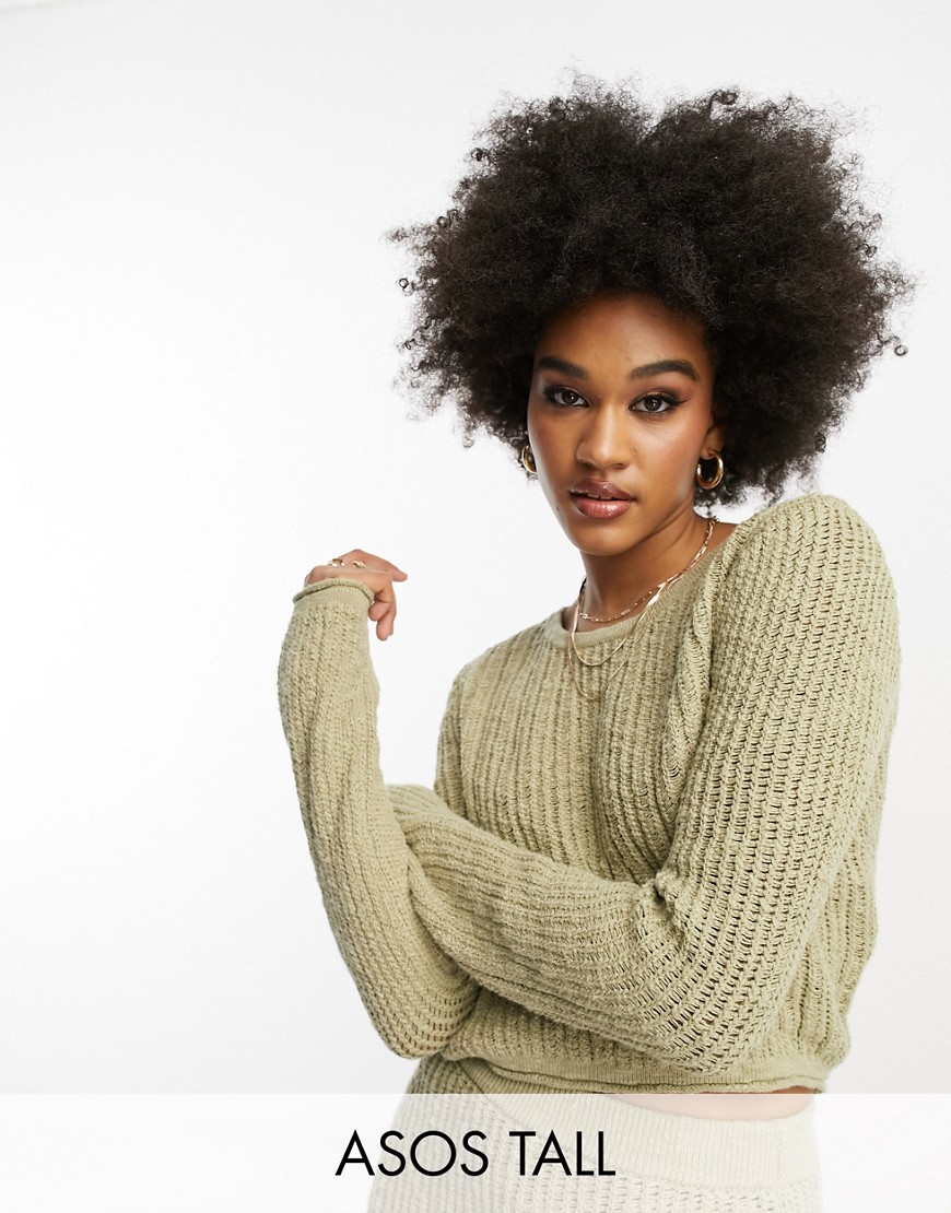 ASOS Tall ASOS DESIGN Tall crop sweater in textured ladder stitch in khaki - part of a set