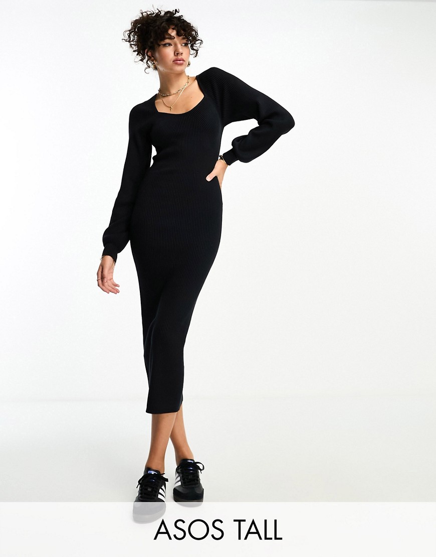 ASOS Tall ASOS DESIGN Tall knit midi dress with sweetheart neck in black