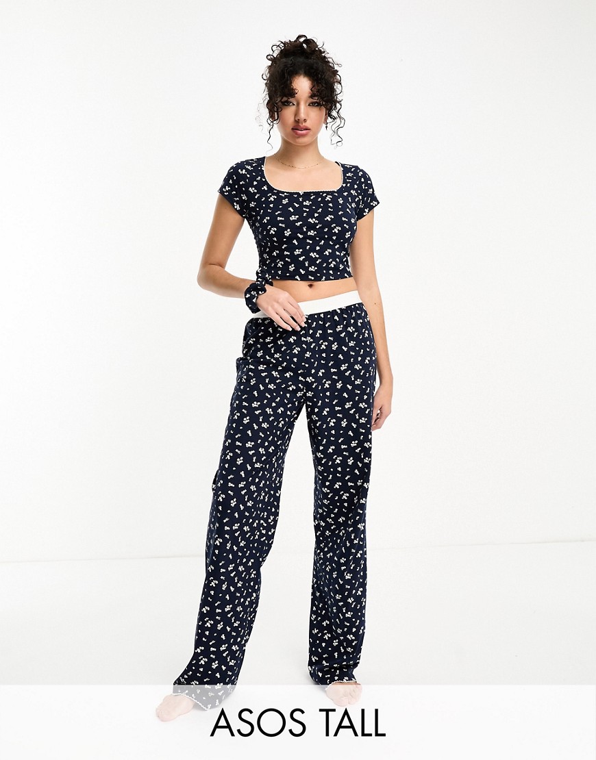 ASOS DESIGN Tall mix & match ditsy print pajama pants with exposed waistband and picot trim in navy