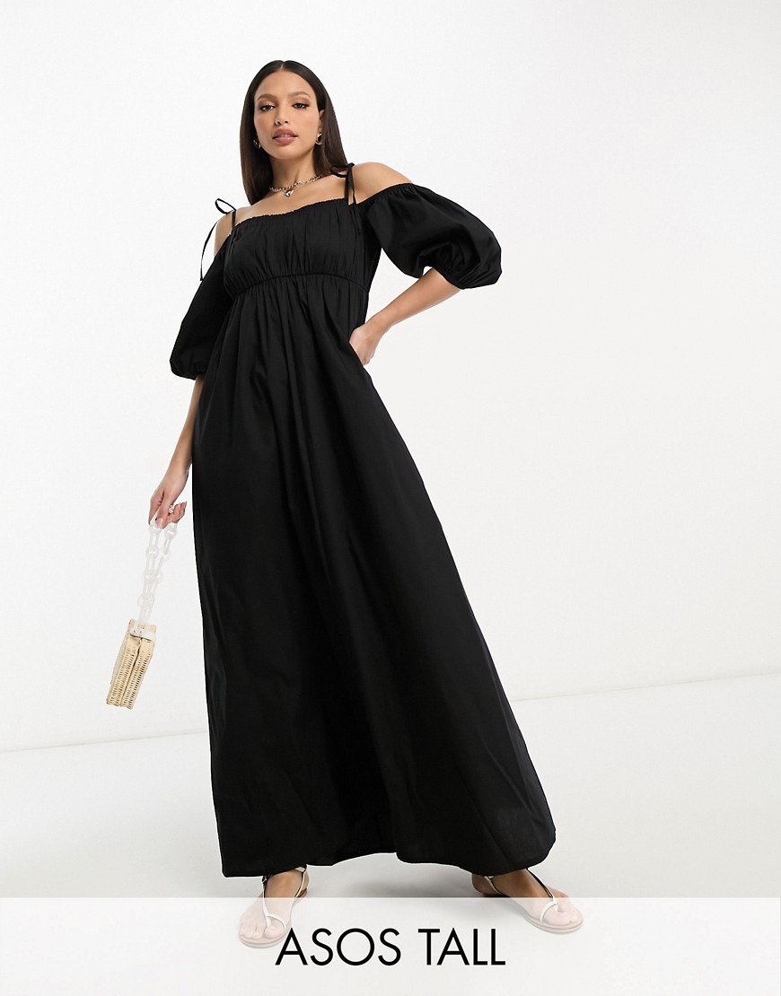 ASOS Tall ASOS DESIGN Tall off shoulder cotton maxi dress with ruched bust detail in black