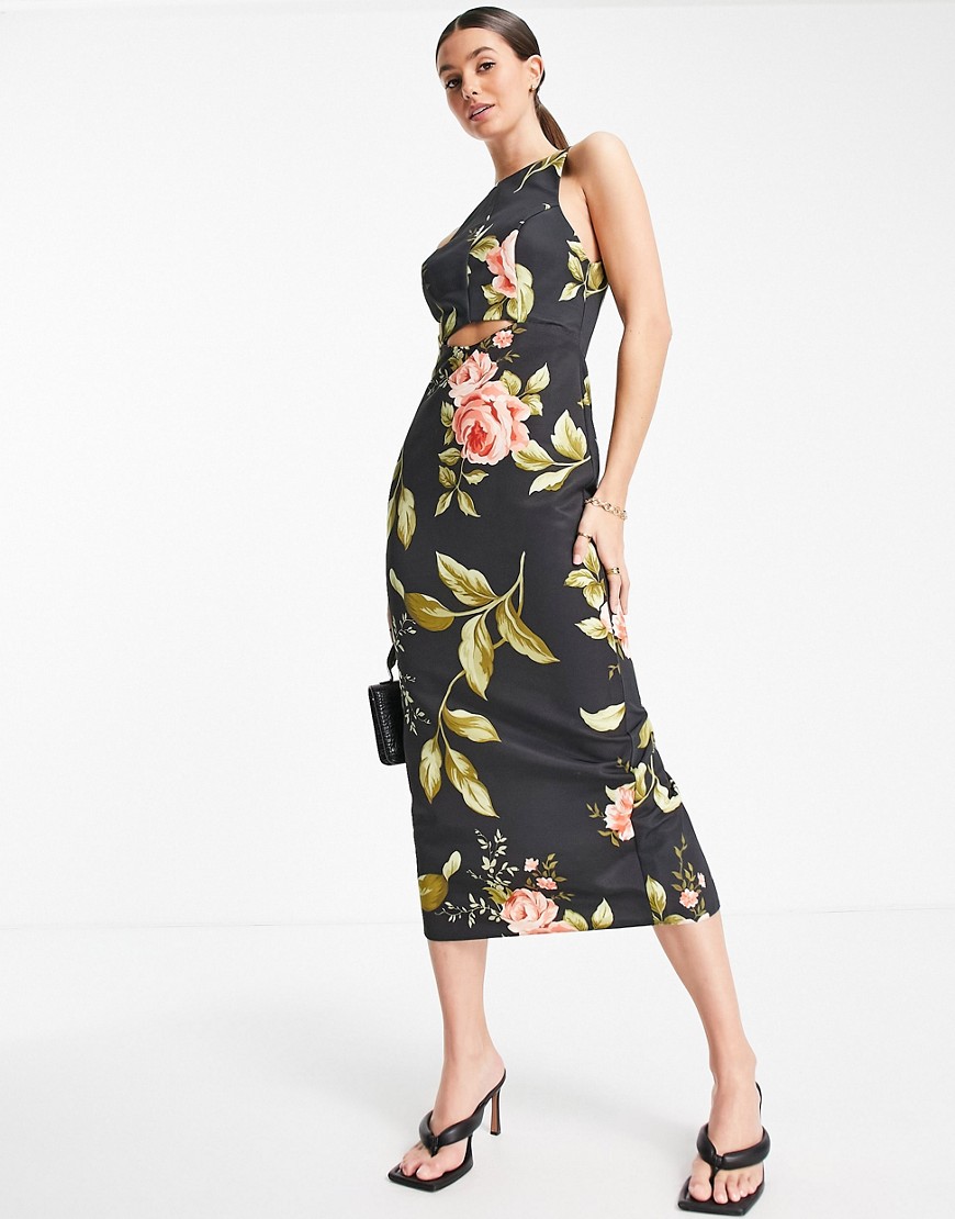 ASOS Tall ASOS DESIGN Tall racer neck structured midi dress with cut out detail in floral print
