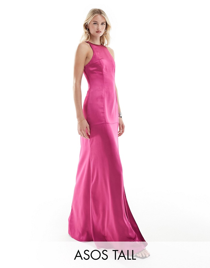 ASOS Tall ASOS DESIGN Tall satin racer neck seam detail maxi dress in magenta pink