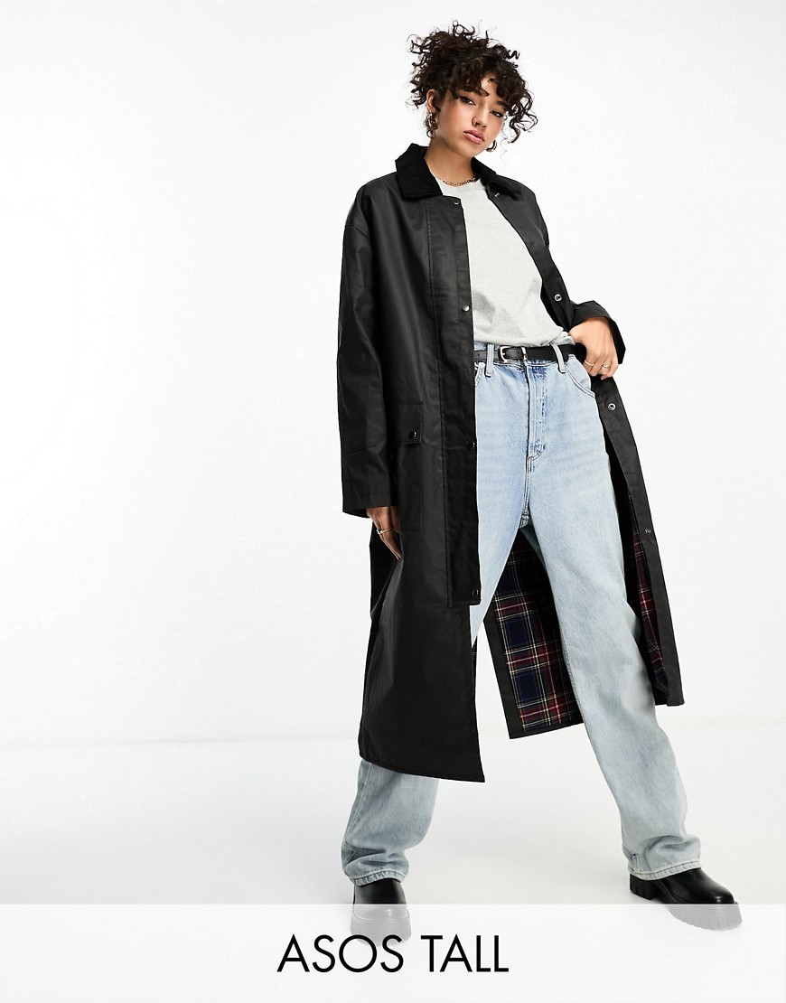ASOS Tall ASOS DESIGN Tall wax trench with plaid lining in black