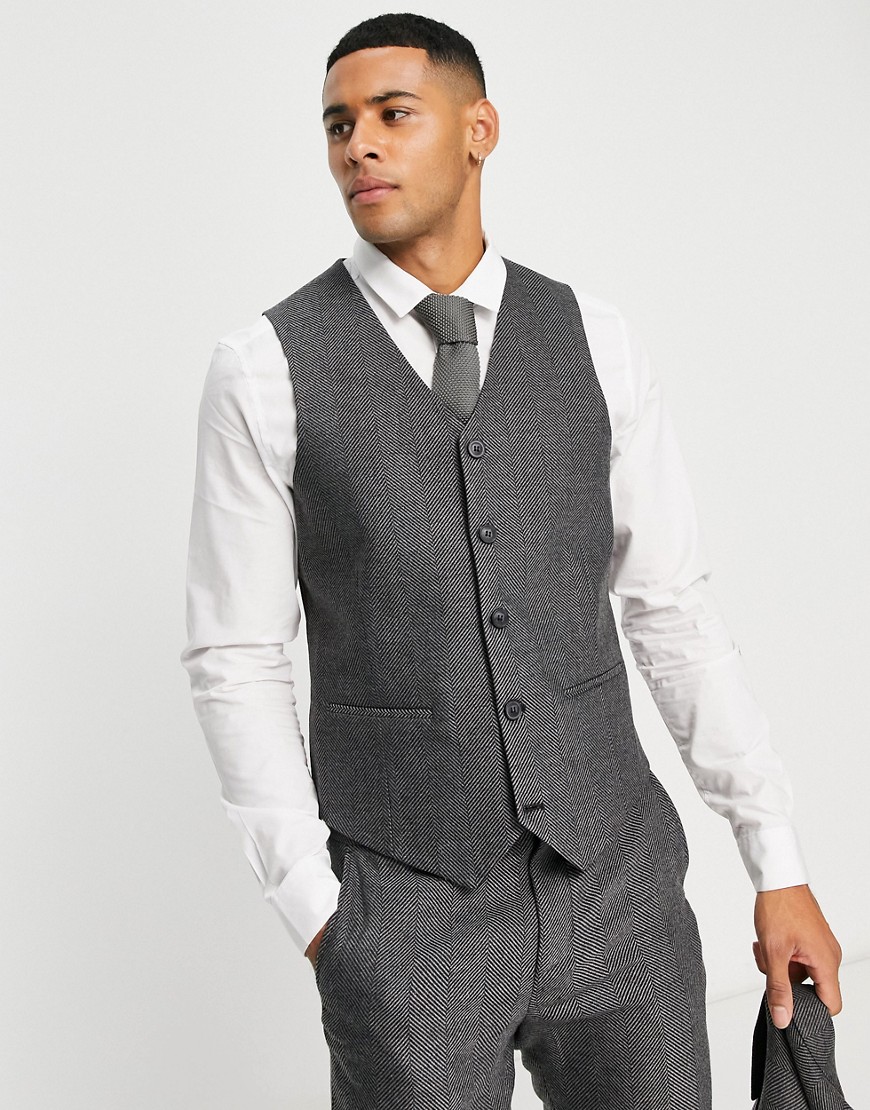 ASOS DESIGN wedding skinny wool mix suit suit vest in charcoal herringbone