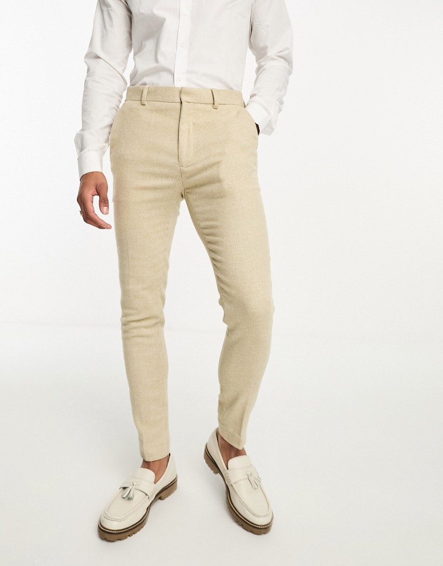 ASOS DESIGN wedding super skinny wool mix suit pants in stone puppytooth