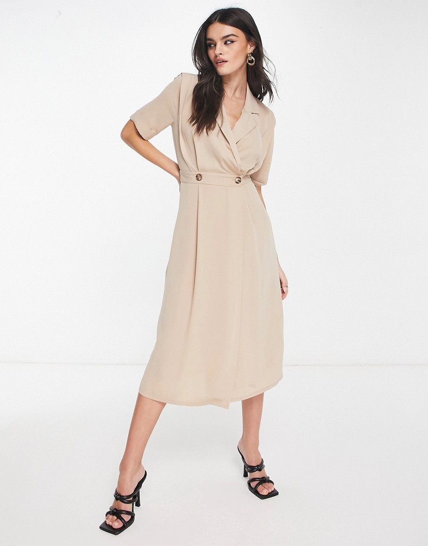 ASOS DESIGN wrap tux midi dress with shoulder pads in stone