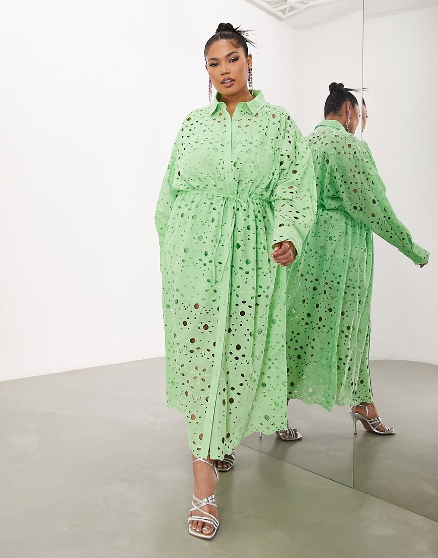 ASOS EDITION Curve broderie drawstring long sleeve midi shirt dress in bright green