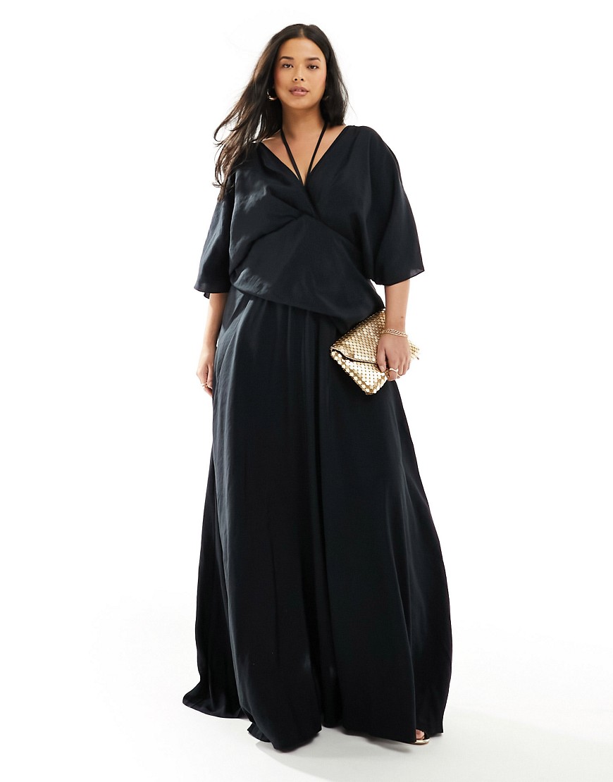 ASOS EDITION Curve linen look short sleeve v neck tie detail maxi dress in black