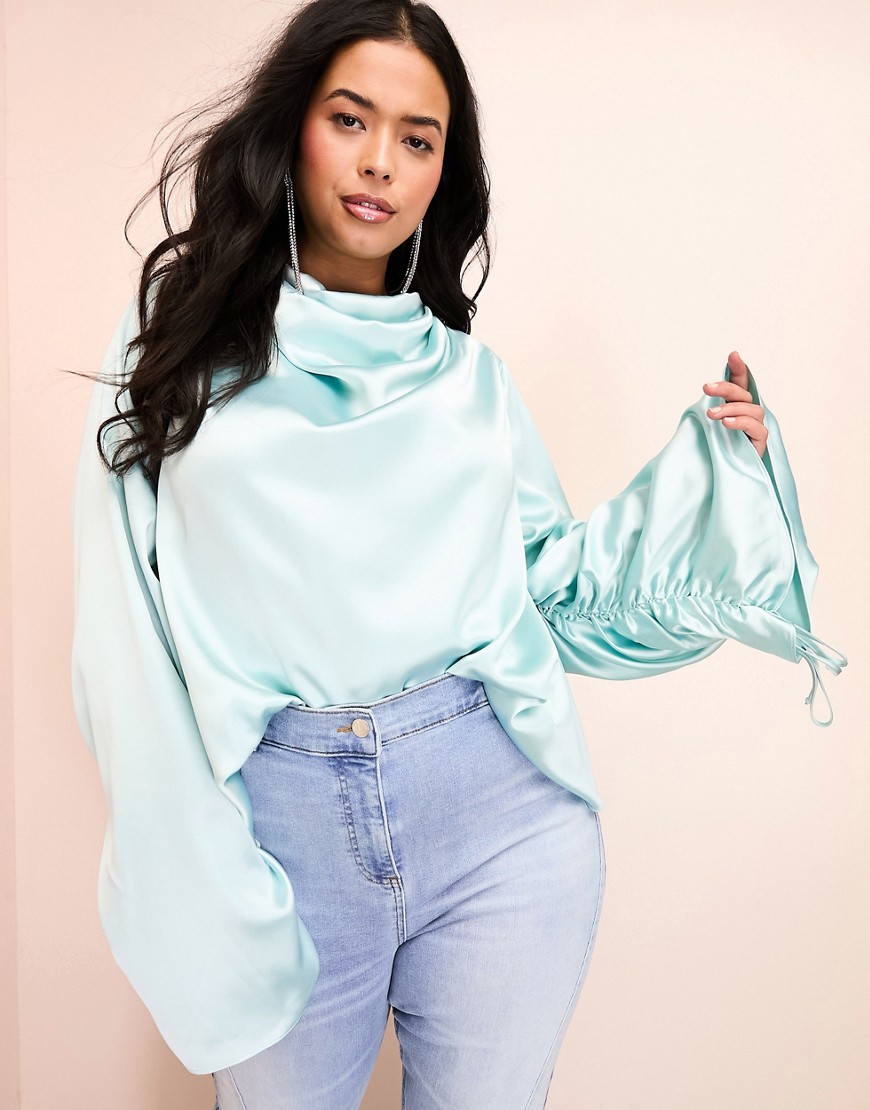 ASOS LUXE Curve exaggerated sleeves satin drape top in blue