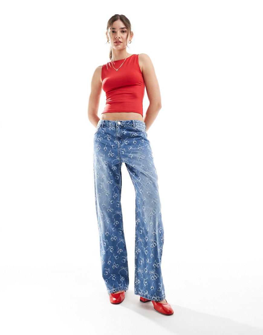 Bershka cherry bow embroidered wide leg jeans in indigo wash