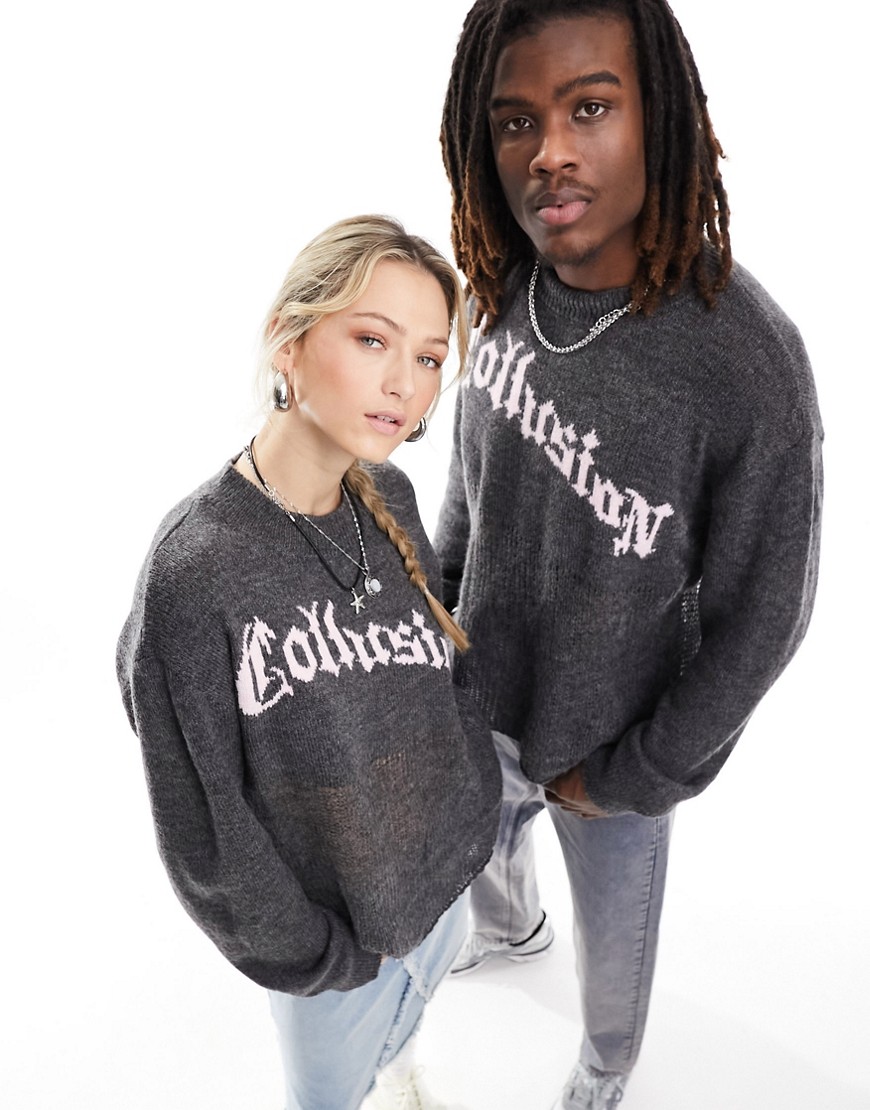 COLLUSION Unisex branded distressed hem sweater in charcoal