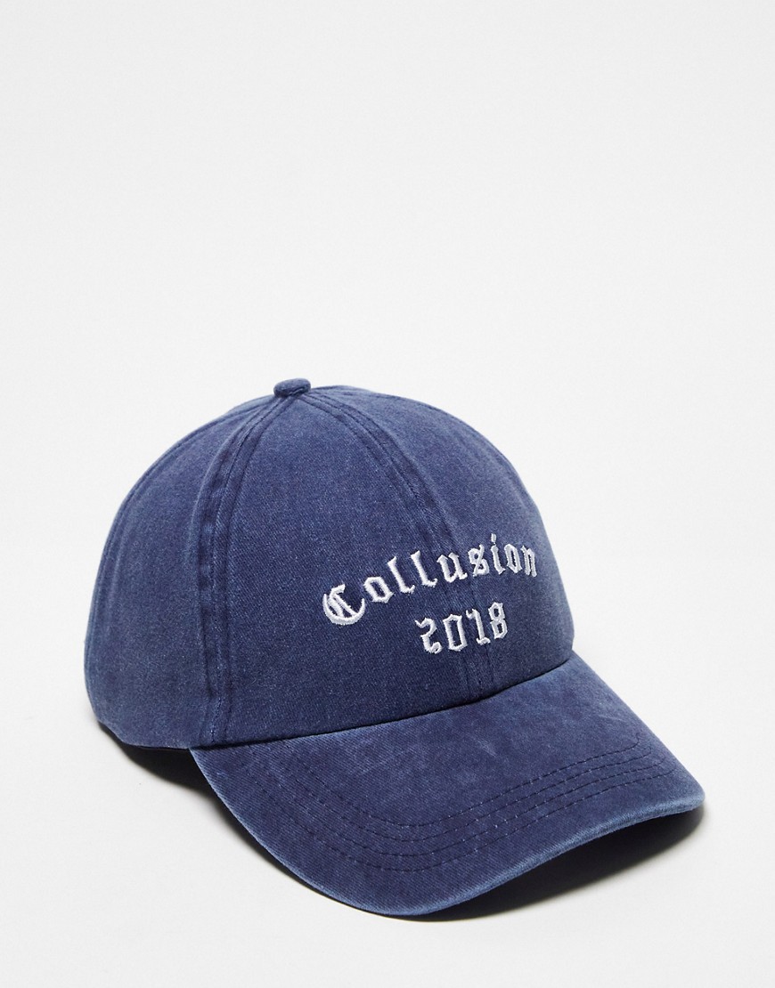 COLLUSION Unisex collegiate branded cap in washed navy