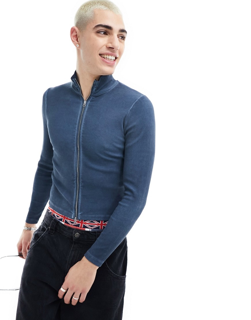 COLLUSION Zip through muscle ribbed jersey top in washed blue