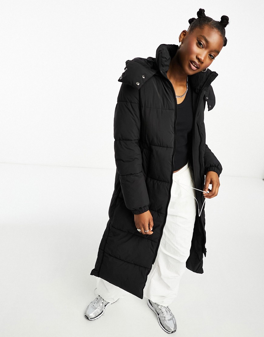 Cotton:On Cotton On button up mother puffer longline jacket with removable hood in black