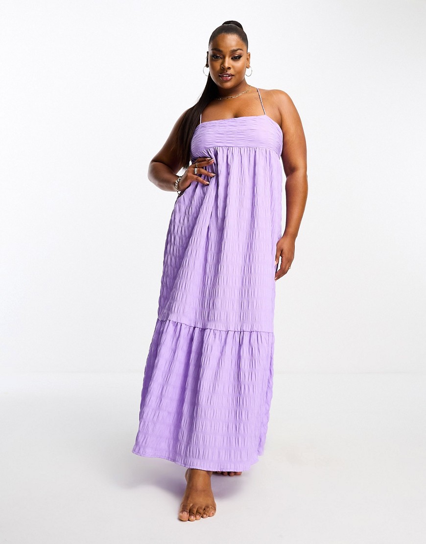 Esmee Curve Esmee Plus beach textured tiered maxi summer dress in lilac waffle