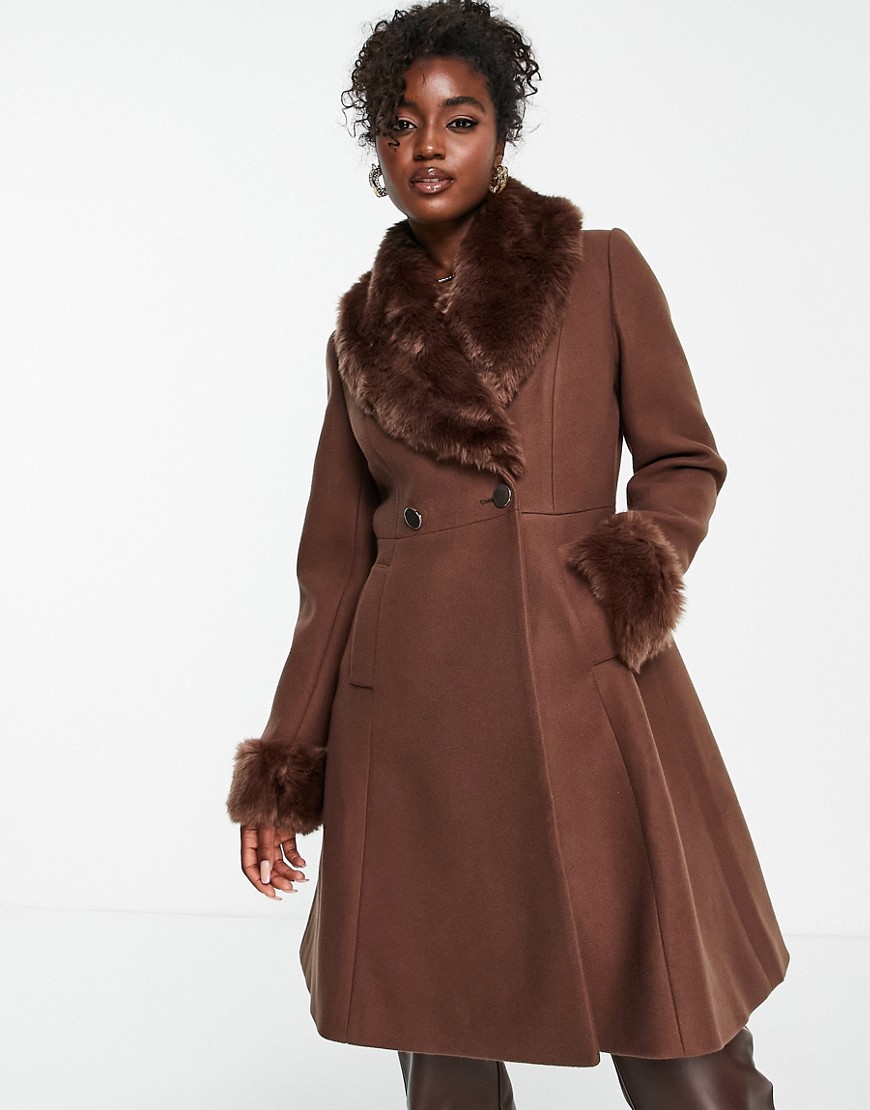 Ever New faux fur collar coat with cuffs in chocolate