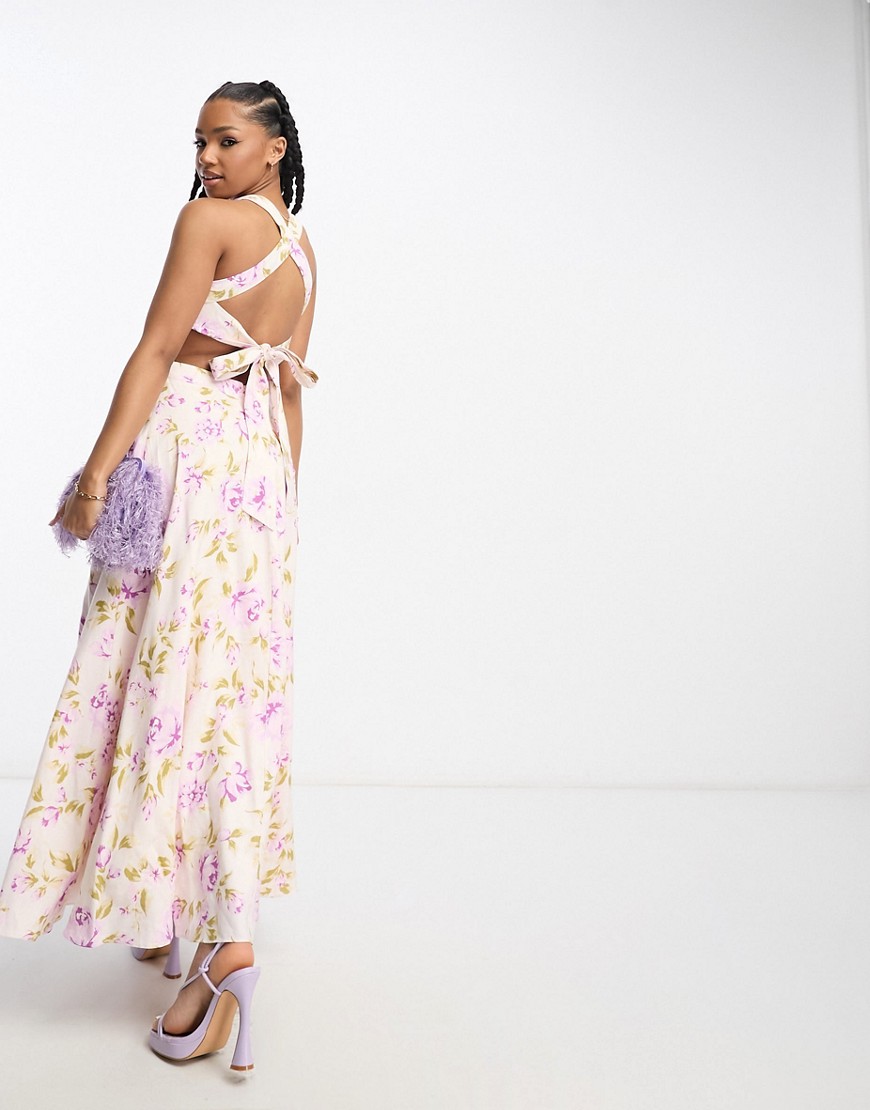 Ever New halter neck open back maxi dress in lilac floral