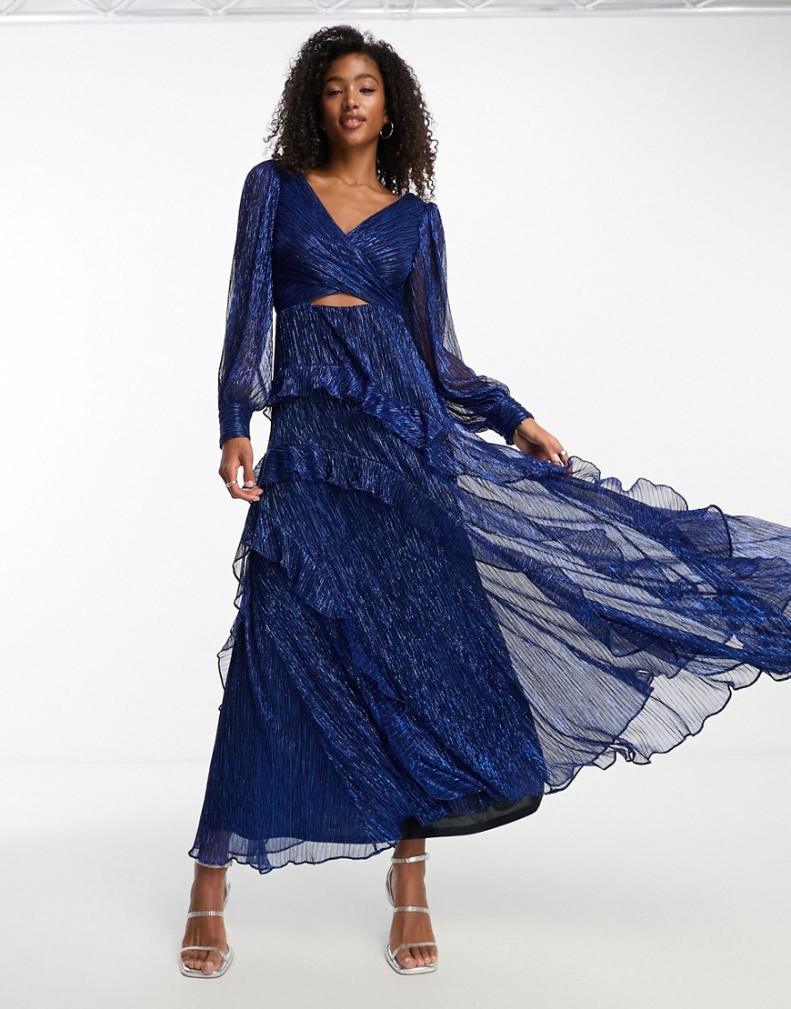Ever New sheer sleeve cut-out plisse maxi dress in metallic cobalt