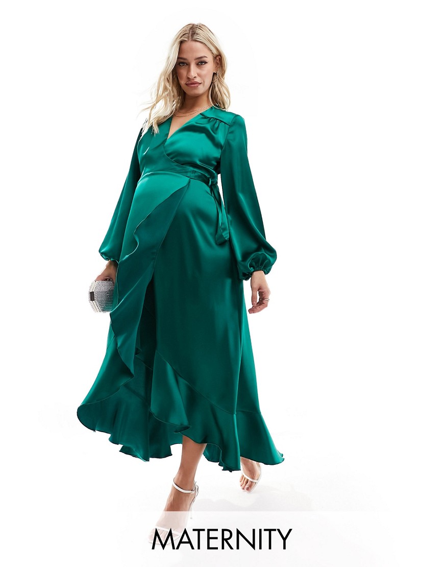 Flounce London Maternity satin wrap dress in emerald green
