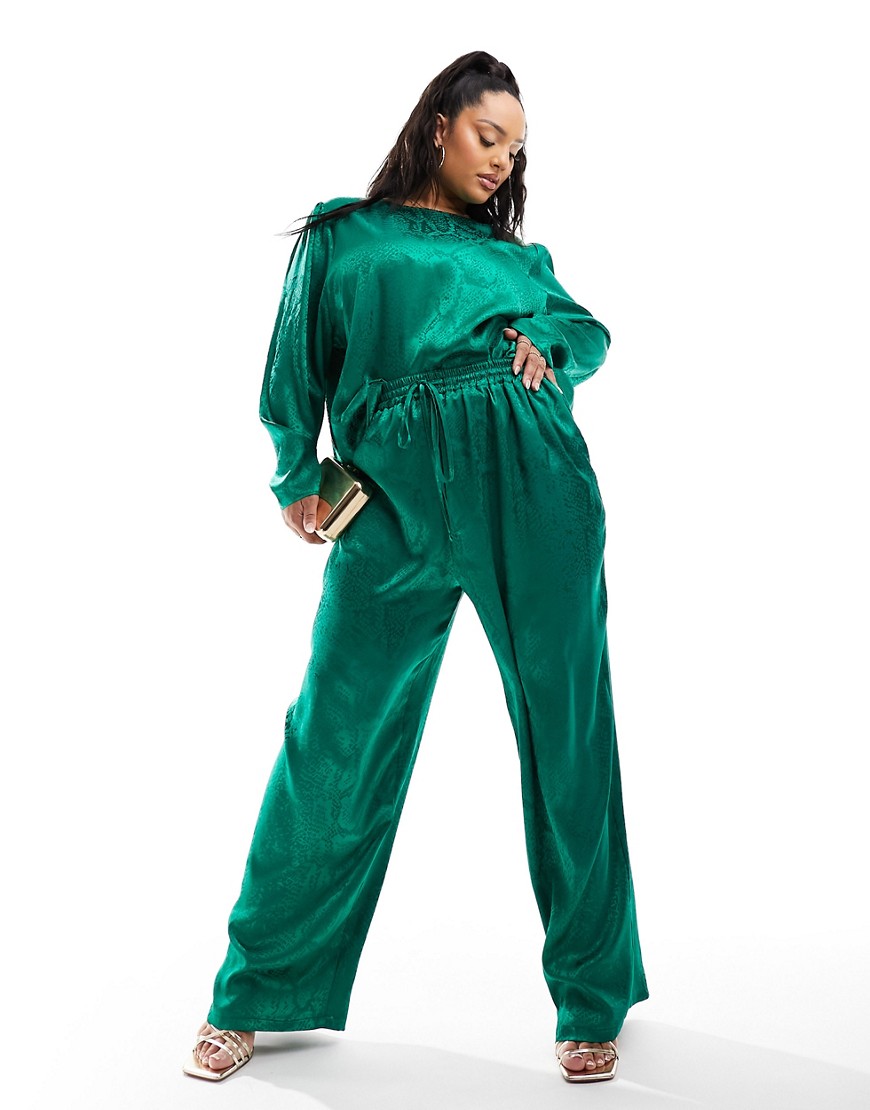 Flounce London Plus satin floaty pants in emerald green - part of a set