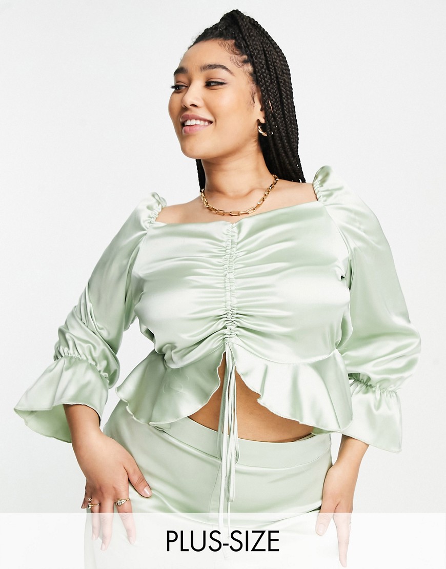Flounce London Plus satin ruched front blouse in dusty sage - part of a set